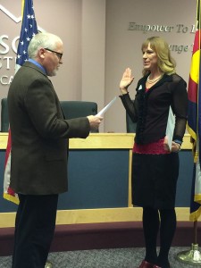 Denise Montagu is sworn in for another term on the Thompson School District Board of Education.