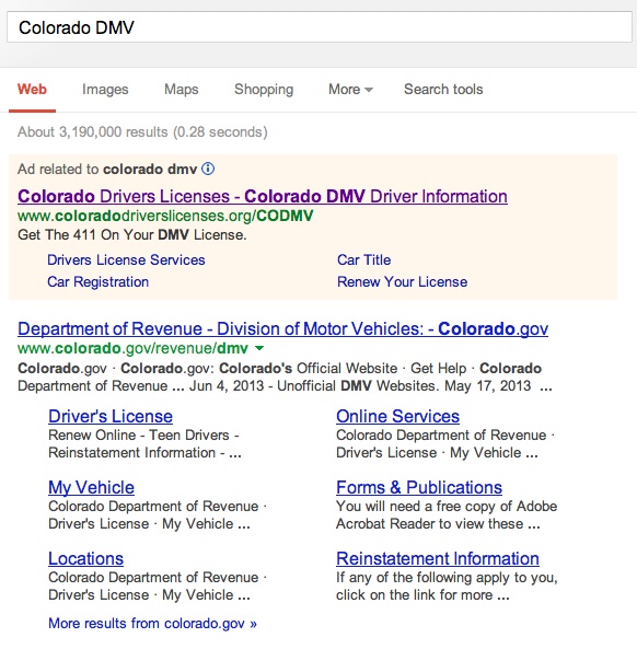 Screenshot of Google search "Colorado DMV" that promotes bogus website ahead of the real state website