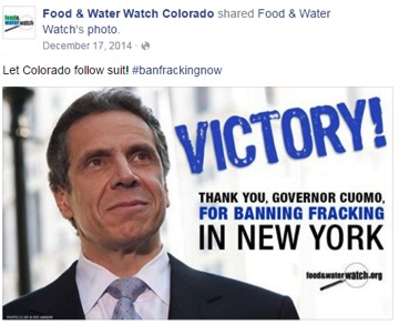 Food & Water Watch’s Colorado operatives celebrated the New York fracking ban on social media and demanded the same action here.