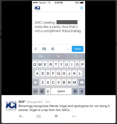 Tweet from the Douglas County Federation of Teachers Twitter account. It compares the looks of a teacher to a male sex organ. The name of the teacher has been removed. 