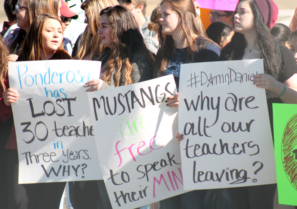 Ponderosa High School students protest over the loss of teachers they believe have left the district because of too little pay and too many mandates. 