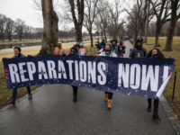 The March for Reparations, organized by the Reparationist Collective, gathered at the Lincoln Memorial and marched to the Constitution Street entrance to the White House security perimeter on Feb 14, 2021. It was lightly attended. Here they are marching near the Reflecting Pool.


The march was originally planned for Inauguration Day, Jan.20, but was postponed due to the heightened security in the wake of the Jan 6 insurrection at the Capitol.  

The goal of the march was to highlight the racial wealth gap in the United States and the continued effects of slavery and segregation upon Black communities.