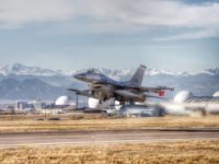 A U.S. Air Force F-16 Fighting Falcon from the 120th Fighter Squadron, Colorado Air National Guard, takes off for a training mission at Buckley Air Force Base, Aurora Colo., Jan. 27, 2015. The 120th FS along with the 140th Wing are preparing for a deployment to the Republic of Korea to demonstrate the United States' continual commitment to stability and security in the Asia-Pacific Region. (U.S. Air National Guard High Dynamic Range photo by, Tech. Sgt. Wolfram M. Stumpf)(RELEASED)